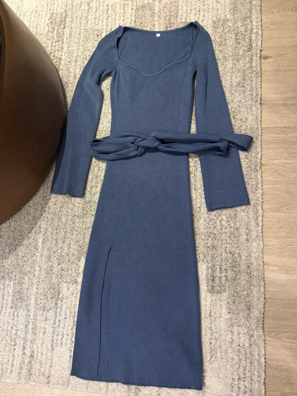 Amazon Ribbed Long-Sleeve Midi Dress in Slate Blue with Tie Belt